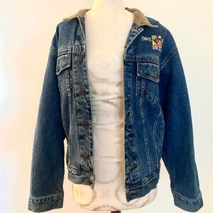 Vintage 1990’s medium blue jean jacket with casino embroidery & corduroy collar